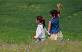 Two girls under age 5 holding hands in a field of wildflowers, facing away from the camera. One girl is waving.